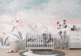 Tapet Personalizat Lumea Animalelor cu animalute printre frunze tropicale cu cer instelat roz - STARRY SERENITY