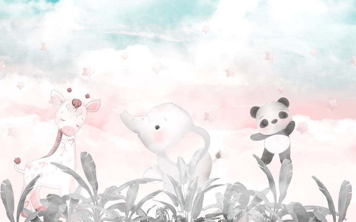 Tapet Personalizat Lumea Animalelor cu animalute printre frunze tropicale cu cer instelat roz - STARRY SERENITY