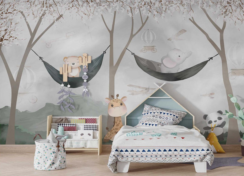 Tapet Personalizat Lumea Animalelor cu urs si elefant in hamace agatate de copacii infloriti si avioane zburand pe cer - HAMMOCK BY THE PLANE
