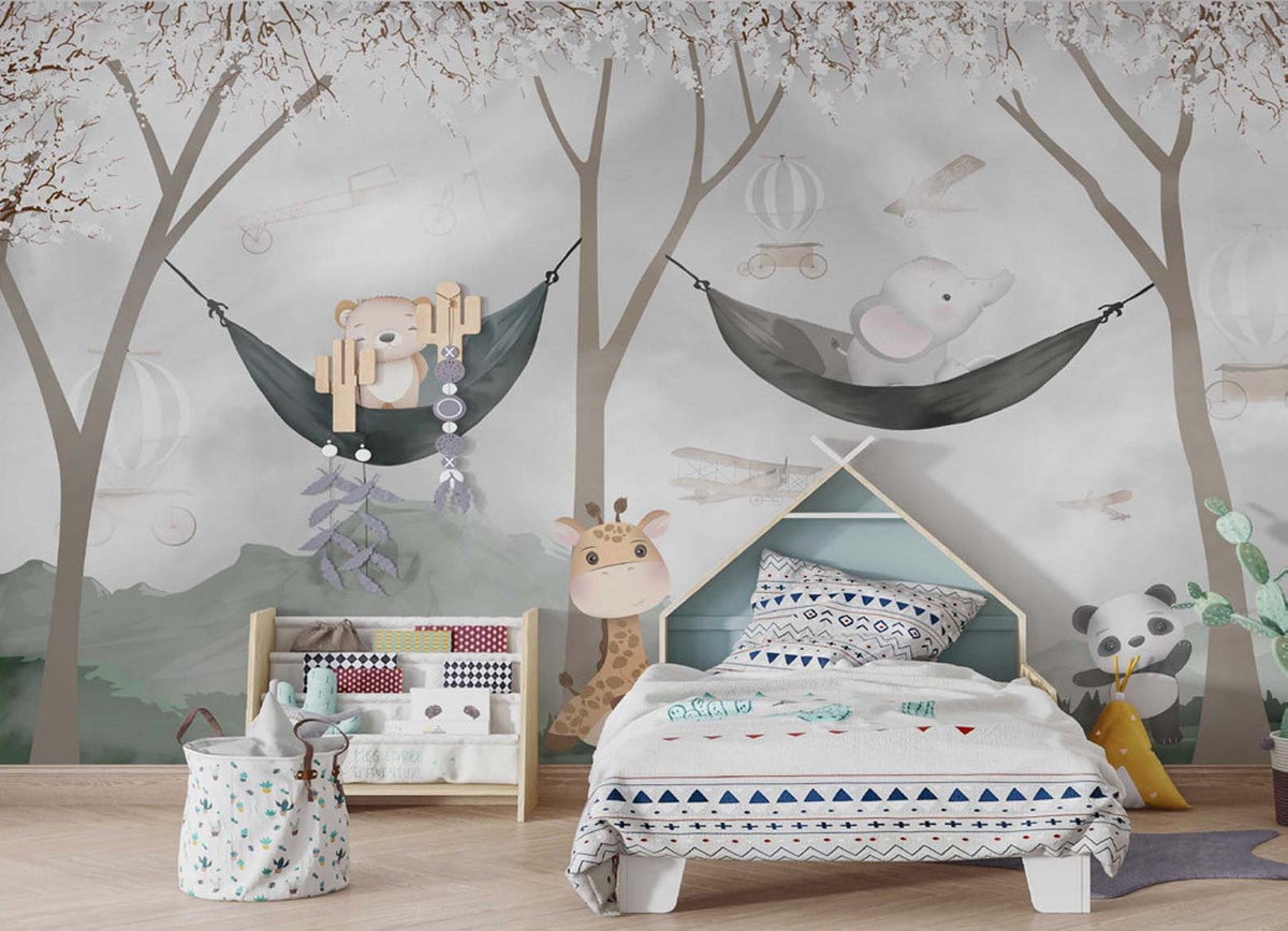 Tapet Personalizat Lumea Animalelor cu urs si elefant in hamace agatate de copacii infloriti si avioane zburand pe cer - HAMMOCK BY THE PLANE