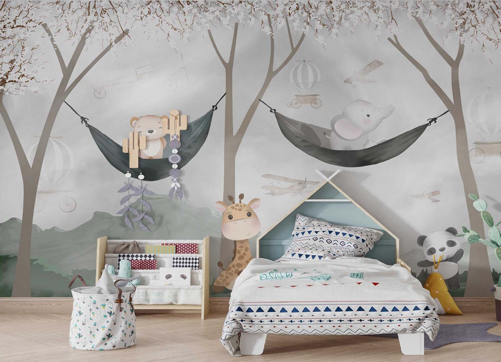 Tapet Personalizat Lumea Animalelor cu urs si elefant in hamace agatate de copacii infloriti si avioane zburand pe cer - HAMMOCK BY THE PLANE