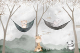 Tapet Personalizat Lumea Animalelor cu urs si elefant in hamace agatate de copacii infloriti si avioane zburand pe cer - HAMMOCK BY THE PLANE