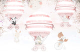 Tapet Personalizat Lumea Animalelor cu animale calatorind in baloane cu aer cald roz printre copaci infloriti - PINK BICYCLE BALLOONS