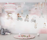 Tapet Personalizat Lumea Animalelor cu animale zburand in trenuletul balon pe cerul cu nori roz - PINK TRAIN FLIGHT