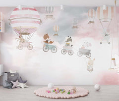 Tapet Personalizat Lumea Animalelor cu animale zburand in trenuletul balon pe cerul cu nori roz - PINK TRAIN FLIGHT