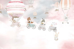 Tapet Personalizat Lumea Animalelor cu animale zburand in trenuletul balon pe cerul cu nori roz - PINK TRAIN FLIGHT