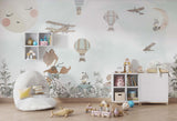 Tapet Personalizat Lumea Animalelor cu animale calatorind prin vegetatie cu avioane si baloane pe cerul senin - SUNNY TRAVELS