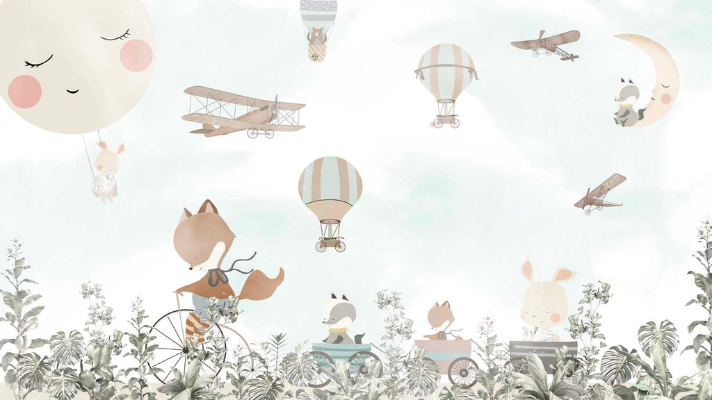 Tapet Personalizat Lumea Animalelor cu animale calatorind prin vegetatie cu avioane si baloane pe cerul senin - SUNNY TRAVELS