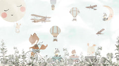 Tapet Personalizat Lumea Animalelor cu animale calatorind prin vegetatie cu avioane si baloane pe cerul senin - SUNNY TRAVELS