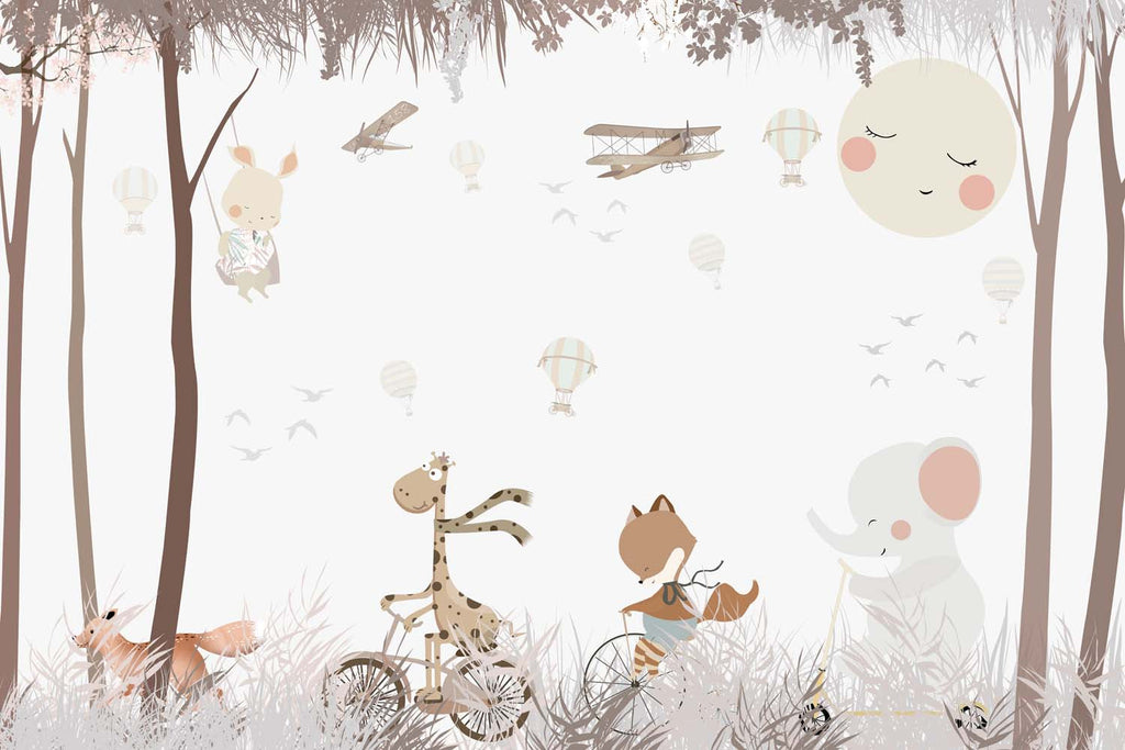 Tapet Personalizat Lumea Animalelor cu animale plimbandu-se pe biciclete si trotinete prin padure - AUTUMN RIDE