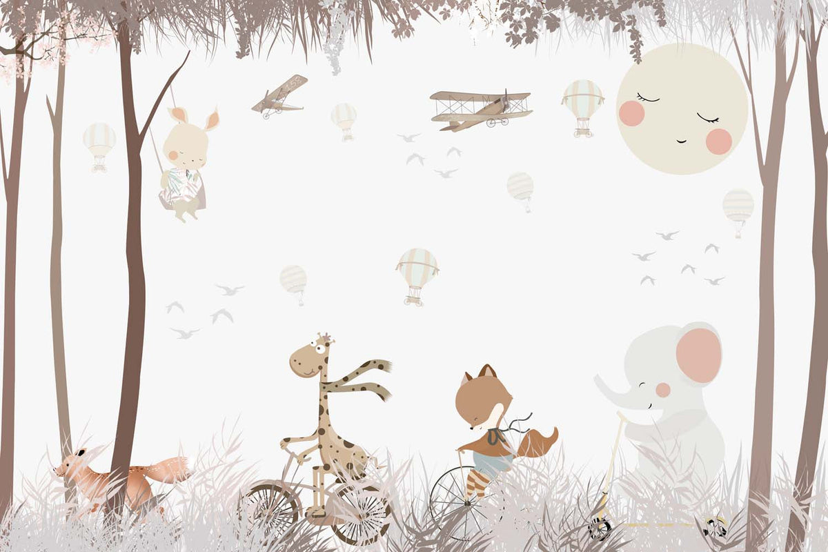 Tapet Personalizat Lumea Animalelor cu animale plimbandu-se pe biciclete si trotinete prin padure - AUTUMN RIDE