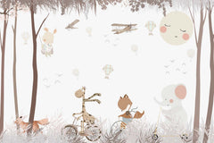 Tapet Personalizat Lumea Animalelor cu animale plimbandu-se pe biciclete si trotinete prin padure - AUTUMN RIDE