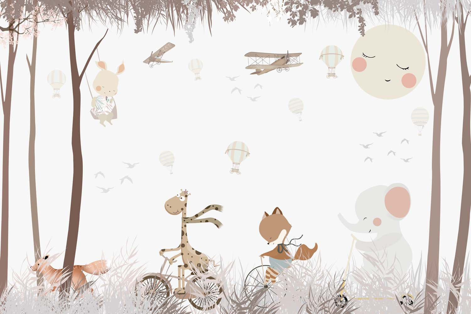 Tapet Personalizat Lumea Animalelor cu animale plimbandu-se pe biciclete si trotinete prin padure - AUTUMN RIDE