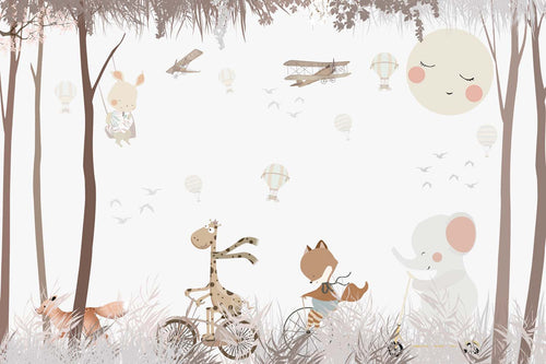 Tapet Personalizat Lumea Animalelor cu animale plimbandu-se pe biciclete si trotinete prin padure - AUTUMN RIDE