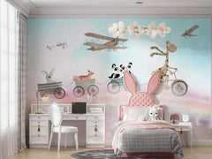 Tapet Personalizat Lumea Animalelor cu animalute plimbandu-se in trenulet peste curcubeu - FLYING OVER THE RAINBOW