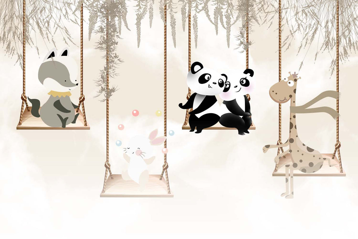 Tapet Personalizat Lumea Animalelor cu animale exotice in leagan pe un fundal bej  - STORYTELLING SWING
