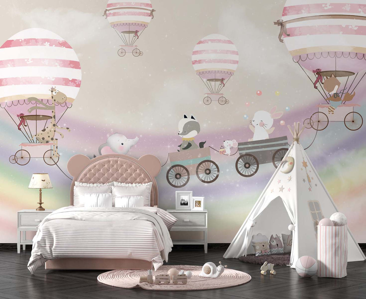 Tapet Personalizat Lumea Animalelor cu animale exotice in trenulet si baloane cu aer cald peste curcubeu - MAGICAL FLIGHT