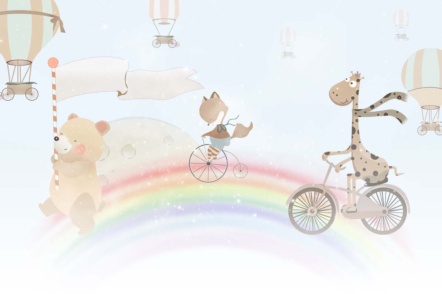 Tapet Personalizat Lumea Animalelor cu animale pe biciclete mergand pe curcubeu  - ACROSS THE SKY