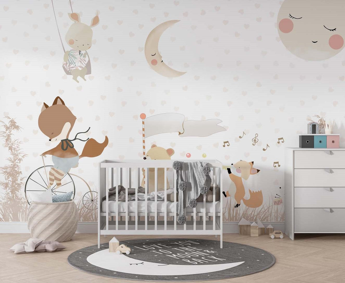 Tapet Personalizat Lumea Animalelor cu animale cantand pe un fundal cu inimioare bej  - BEIGE HEARTS MUSICAL