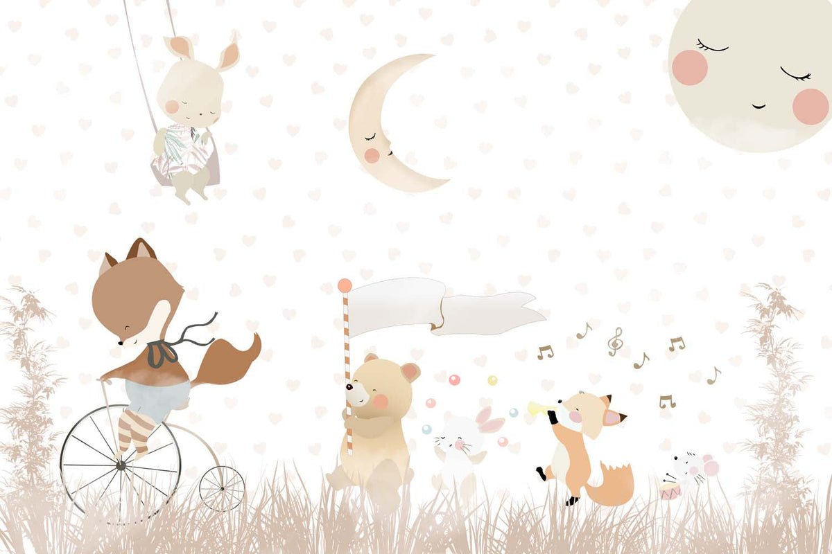 Tapet Personalizat Lumea Animalelor cu animale cantand pe un fundal cu inimioare bej  - BEIGE HEARTS MUSICAL
