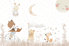 Tapet Personalizat Lumea Animalelor cu animale cantand pe un fundal cu inimioare bej  - BEIGE HEARTS MUSICAL