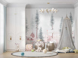 Tapet Personalizat Lumea Animalelor cu animale rozalii intr-o padure de pini  - PINKY PINE FOREST