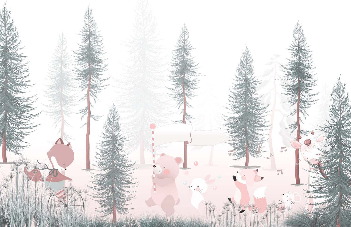 Tapet Personalizat Lumea Animalelor cu animale rozalii intr-o padure de pini  - PINKY PINE FOREST