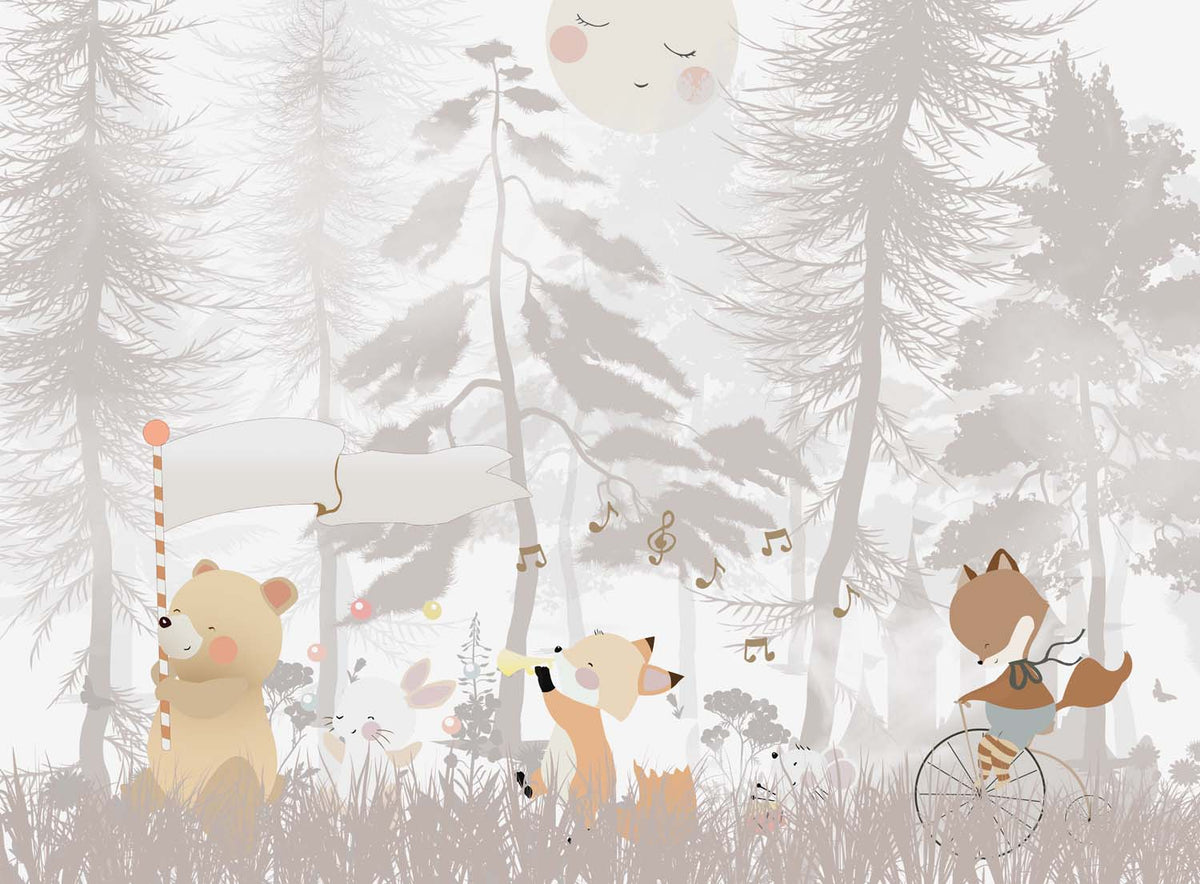 Tapet Personalizat Lumea Animalelor cu animale cantand prin padurea bej  - BEIGE FOREST MUSICAL