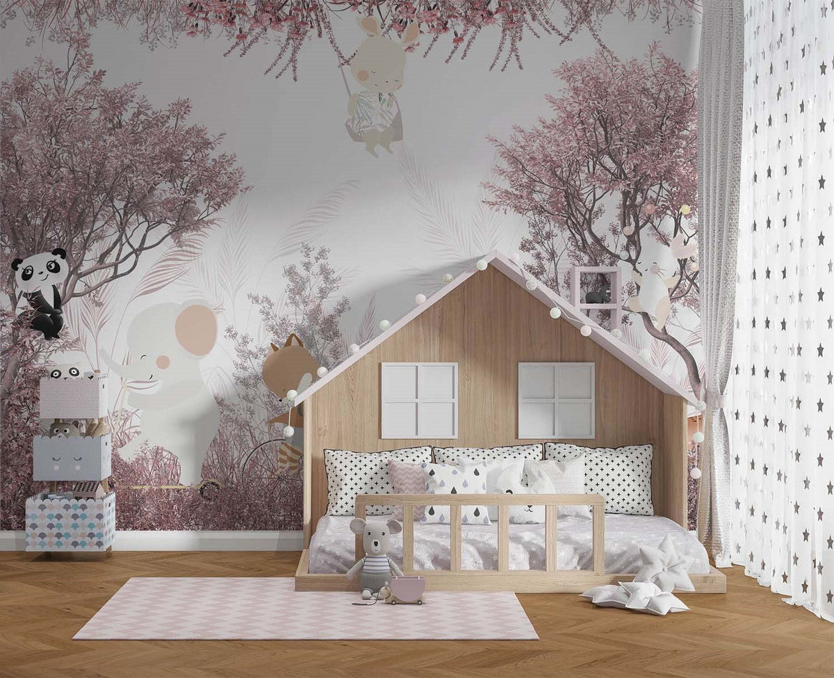 Tapet Personalizat Lumea Animalelor cu animale calatoare prin padurea cu copaci roz  - PINK FOREST TRAVELS