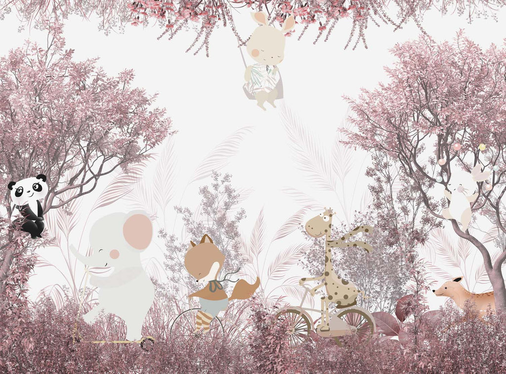 Tapet Personalizat Lumea Animalelor cu animale calatoare prin padurea cu copaci roz  - PINK FOREST TRAVELS