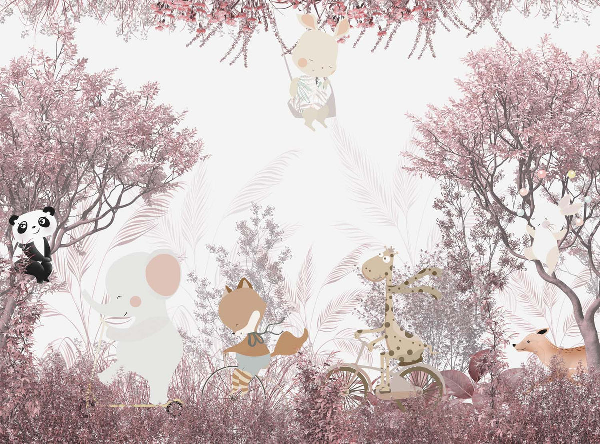 Tapet Personalizat Lumea Animalelor cu animale calatoare prin padurea cu copaci roz  - PINK FOREST TRAVELS