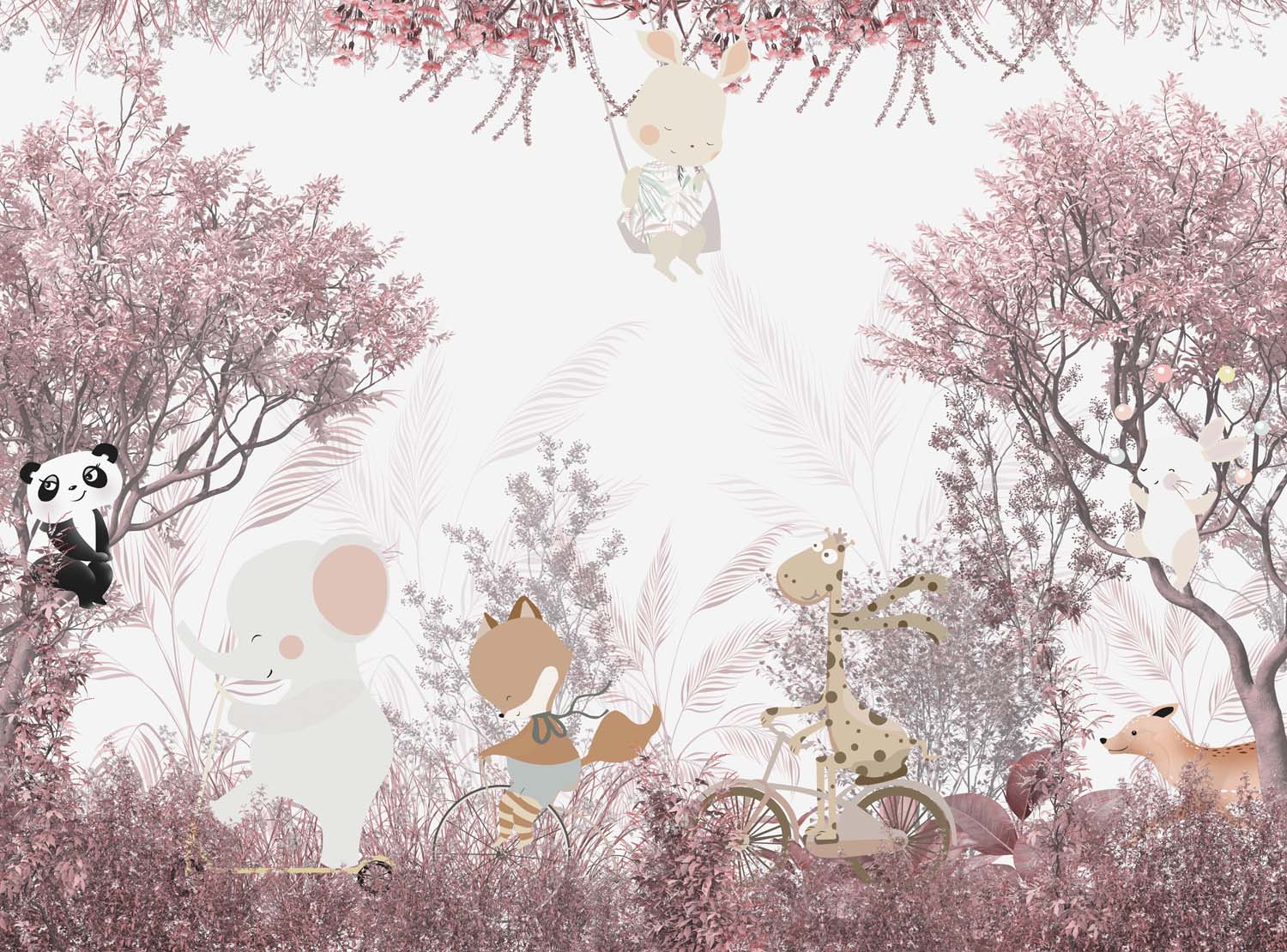 Tapet Personalizat Lumea Animalelor cu animale calatoare prin padurea cu copaci roz  - PINK FOREST TRAVELS