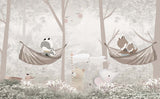 Tapet Personalizat Lumea Animalelor cu animale in hamac in nuante de bej si maro - ANIMAL'S NAP TIME