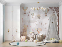 Tapet Personalizat Lumea Animalelor cu animale cantand in padure cu vegetatie bej maro - SINGING THROUGH THE FOREST