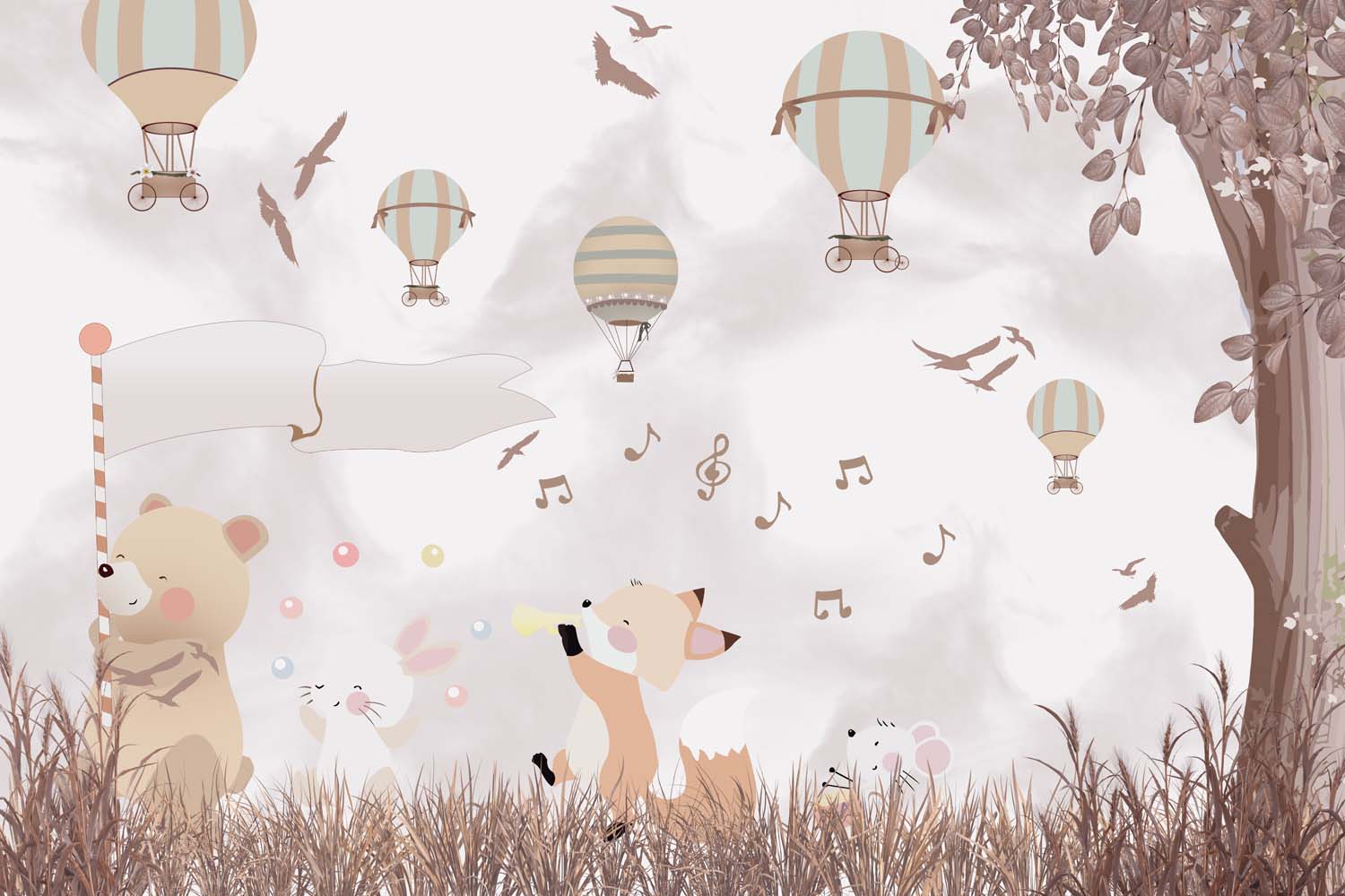Tapet Personalizat Lumea Animalelor cu animale cantand in padure cu vegetatie bej maro - SINGING THROUGH THE FOREST
