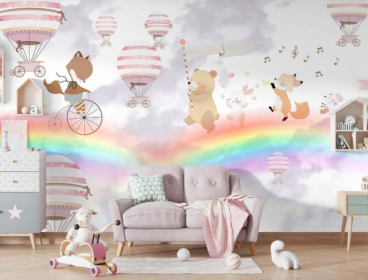 Tapet Personalizat Lumea Animalelor cu animale, baloane cu aer cald si curcubee - PURPLE MERGING RAINBOWS