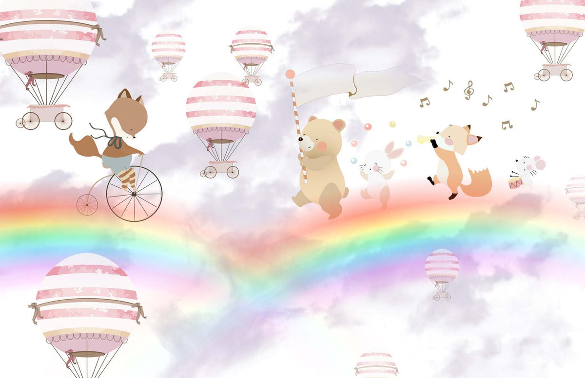 Tapet Personalizat Lumea Animalelor cu animale, baloane cu aer cald si curcubee - PURPLE MERGING RAINBOWS