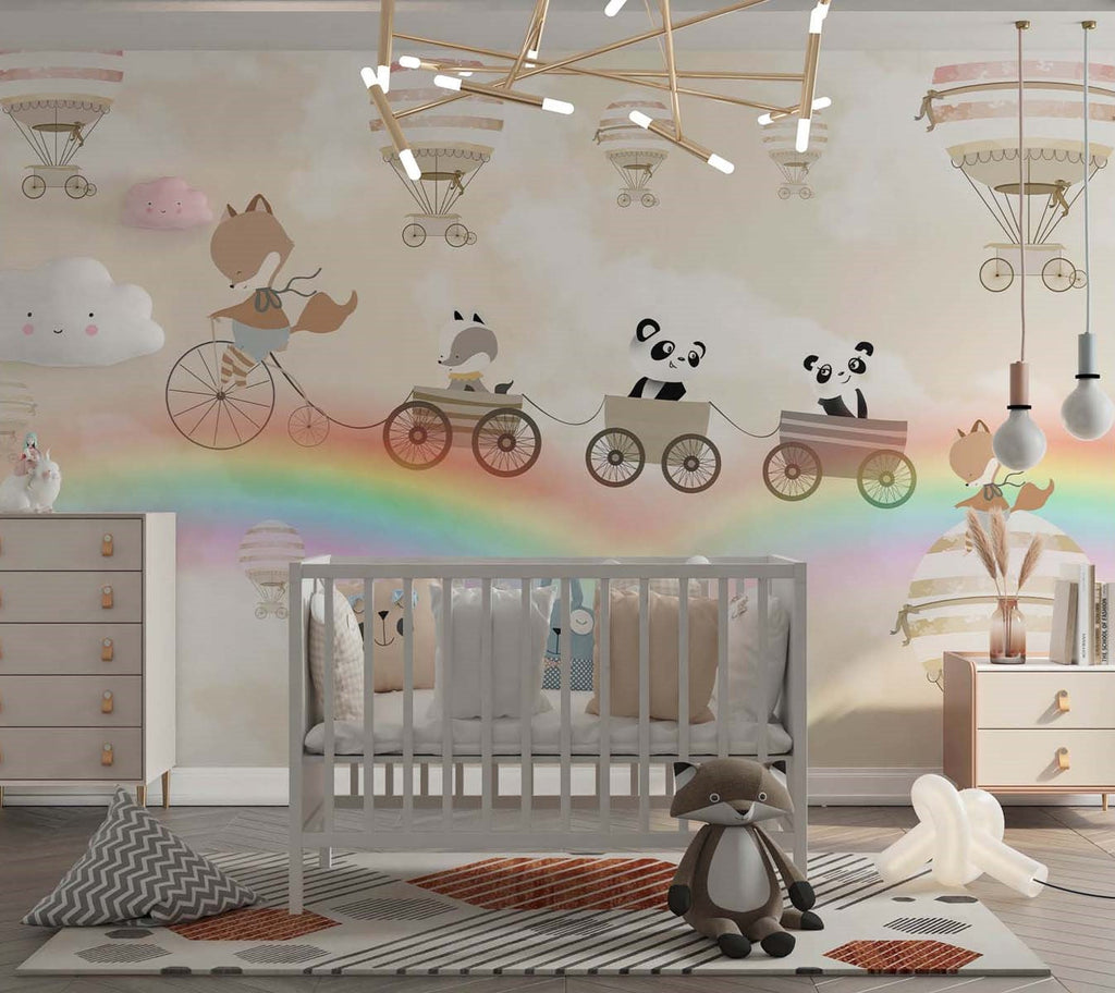 Tapet Personalizat Lumea Animalelor cu animale in trenulet peste curcubee si baloane cu aer cald in nuante de bej  - BEIGE MERGING RAINBOWS