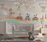 Tapet Personalizat Lumea Animalelor cu animale in trenulet peste curcubee si baloane cu aer cald in nuante de bej  - BEIGE MERGING RAINBOWS