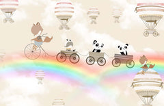 Tapet Personalizat Lumea Animalelor cu animale in trenulet peste curcubee si baloane cu aer cald in nuante de bej  - BEIGE MERGING RAINBOWS