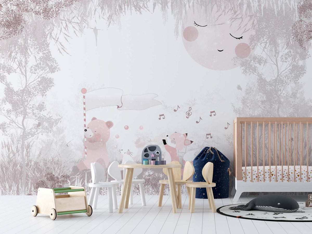 Tapet Personalizat Lumea Animalelor cu animale salbatice cantand prin padurea bej roz - HAPPY SINGING