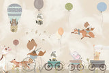Tapet Personalizat Lumea Animalelor cu animale si vulpea zburatoare pe cerul bej cu baloane  - JOYFUL ANIMALS