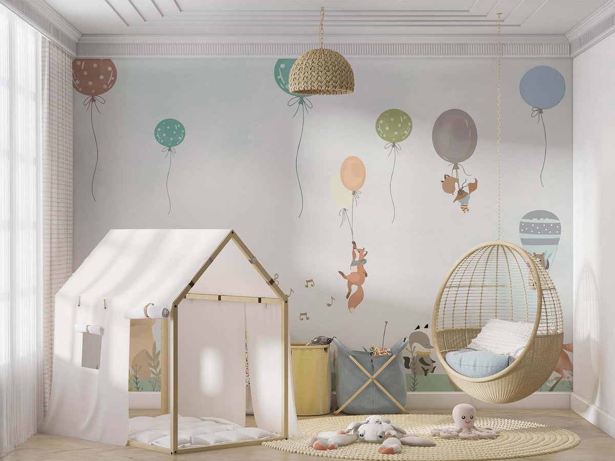 Tapet Personalizat Lumea Animalelor cu animalute agatate de baloane - HANGING BY THE BALOON