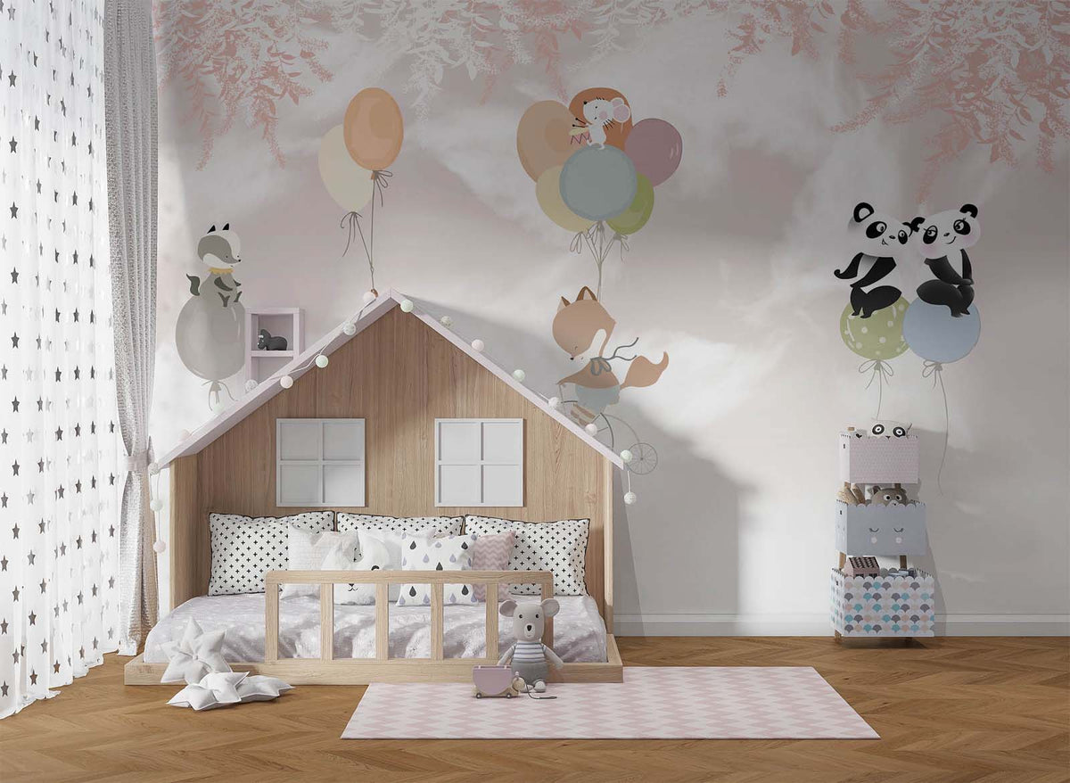 Tapet Personalizat Lumea Animalelor  cu animalute zburand cu baloane pe cerul rozaliu - LOVELY FLYING