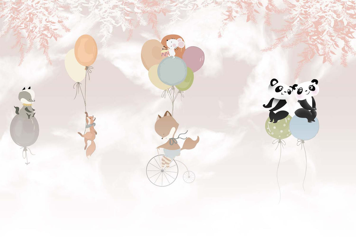 Tapet Personalizat Lumea Animalelor  cu animalute zburand cu baloane pe cerul rozaliu - LOVELY FLYING