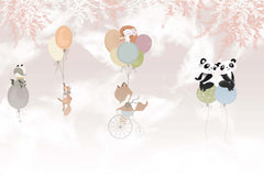 Tapet Personalizat Lumea Animalelor  cu animalute zburand cu baloane pe cerul rozaliu - LOVELY FLYING