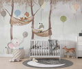 Tapet Personalizat Lumea Animalelor cu animalute sarbatorind cu baloane in padurea cu copaci inalti  - BALOONS FOREST PARTY