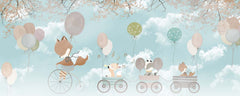 Tapet Personalizat Lumea Animalelor cu trenulet de animalute si baloane pe cerul albastru cu norisori - BLUE SKIES BALLOONS