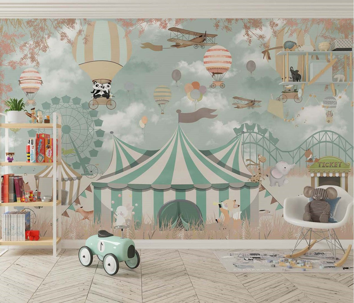 Tapet Personalizat Lumea Animalelor cu animale la circ, avioane si baloane cu aer cald - WELCOME TO THE CIRCUS