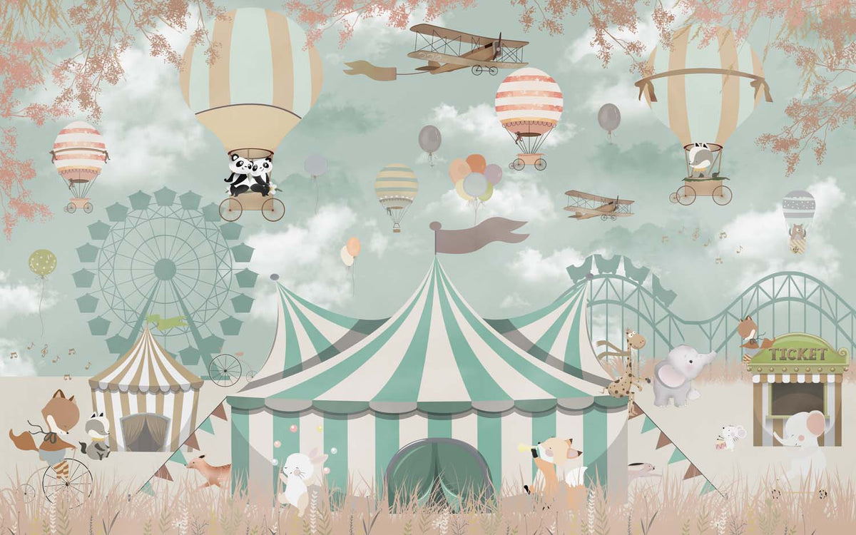 Tapet Personalizat Lumea Animalelor cu animale la circ, avioane si baloane cu aer cald - WELCOME TO THE CIRCUS